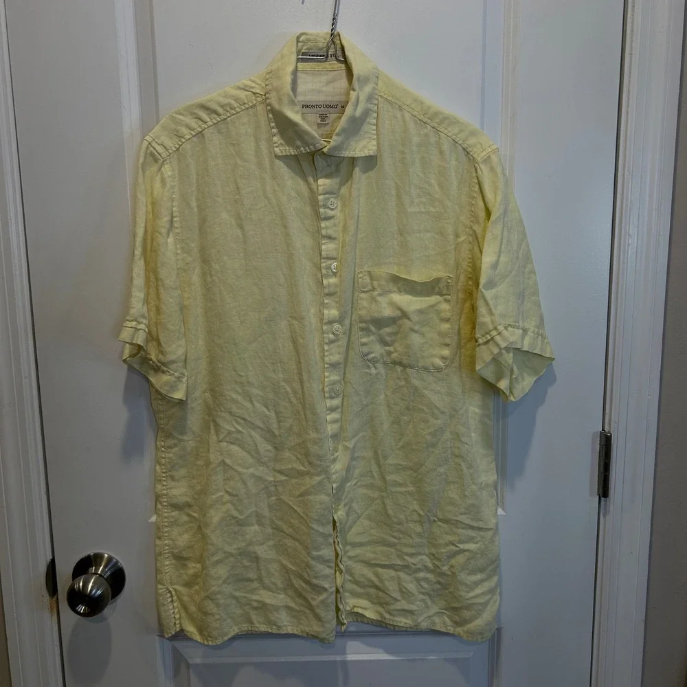 Pronto Uomo Mens Short Sleeve Button Down 100% Linen Shirt Yellow Size M